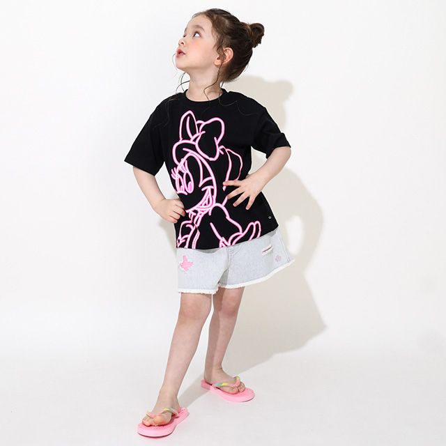 【ベビードール】ミニー 親子お揃い ネオンキャラクターTシャツ 0322K / ベビーサイズ キッズ リンクコーデ ペアルック 親子コーデ トップス 半袖 クルーネック カットソー 天竺素材