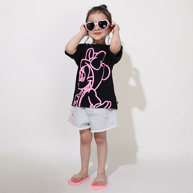 【ベビードール】ミニー 親子お揃い ネオンキャラクターTシャツ 0322K / ベビーサイズ キッズ リンクコーデ ペアルック 親子コーデ トップス 半袖 クルーネック カットソー 天竺素材