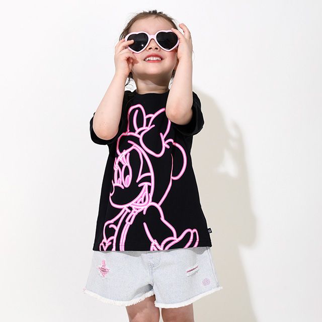 【ベビードール】ミニー 親子お揃い ネオンキャラクターTシャツ 0322K / ベビーサイズ キッズ リンクコーデ ペアルック 親子コーデ トップス 半袖 クルーネック カットソー 天竺素材