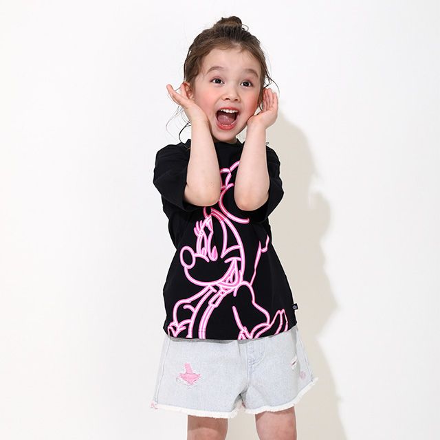 【ベビードール】ミニー 親子お揃い ネオンキャラクターTシャツ 0322K / ベビーサイズ キッズ リンクコーデ ペアルック 親子コーデ トップス 半袖 クルーネック カットソー 天竺素材