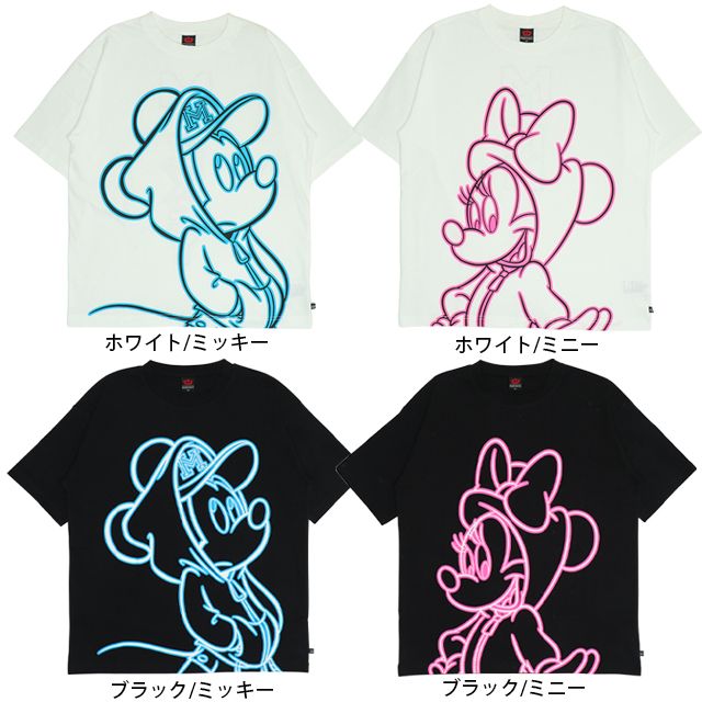 【ベビードール】ミッキー 親子お揃い ネオンキャラクターTシャツ 0322A / 大人 ユニセックス 男女兼用 リンクコーデ ペアルック 親子コーデ トップス 半袖 クルーネック カットソー 天竺素材