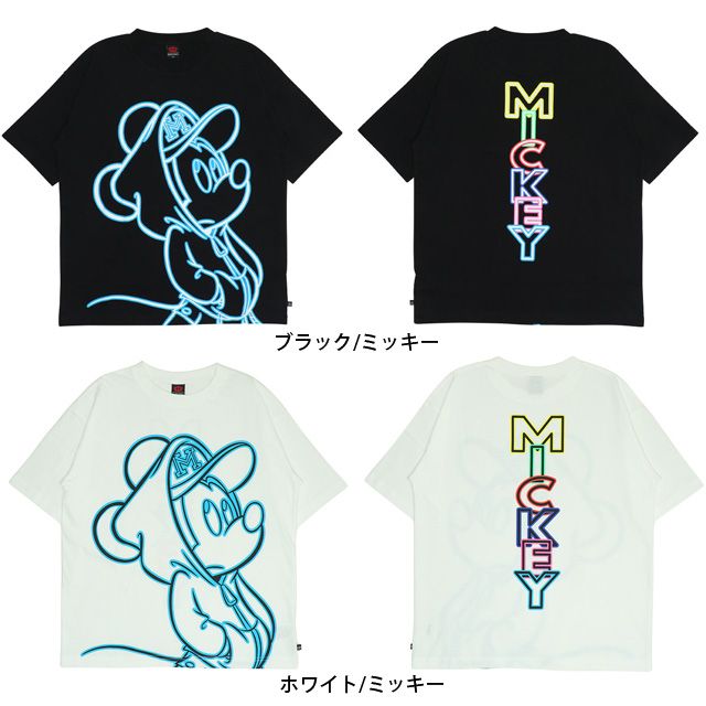 【ベビードール】ミッキー 親子お揃い ネオンキャラクターTシャツ 0322A / 大人 ユニセックス 男女兼用 リンクコーデ ペアルック 親子コーデ トップス 半袖 クルーネック カットソー 天竺素材