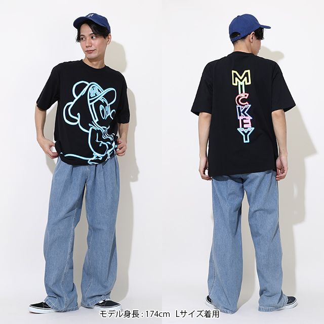 【ベビードール】ミッキー 親子お揃い ネオンキャラクターTシャツ 0322A / 大人 ユニセックス 男女兼用 リンクコーデ ペアルック 親子コーデ トップス 半袖 クルーネック カットソー 天竺素材
