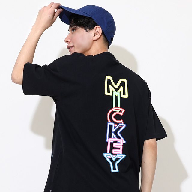 【ベビードール】ミッキー 親子お揃い ネオンキャラクターTシャツ 0322A / 大人 ユニセックス 男女兼用 リンクコーデ ペアルック 親子コーデ トップス 半袖 クルーネック カットソー 天竺素材