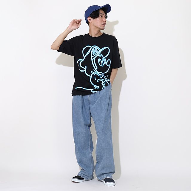 【ベビードール】ミッキー 親子お揃い ネオンキャラクターTシャツ 0322A / 大人 ユニセックス 男女兼用 リンクコーデ ペアルック 親子コーデ トップス 半袖 クルーネック カットソー 天竺素材