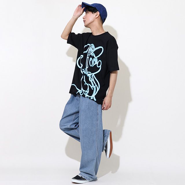 【ベビードール】ミッキー 親子お揃い ネオンキャラクターTシャツ 0322A / 大人 ユニセックス 男女兼用 リンクコーデ ペアルック 親子コーデ トップス 半袖 クルーネック カットソー 天竺素材