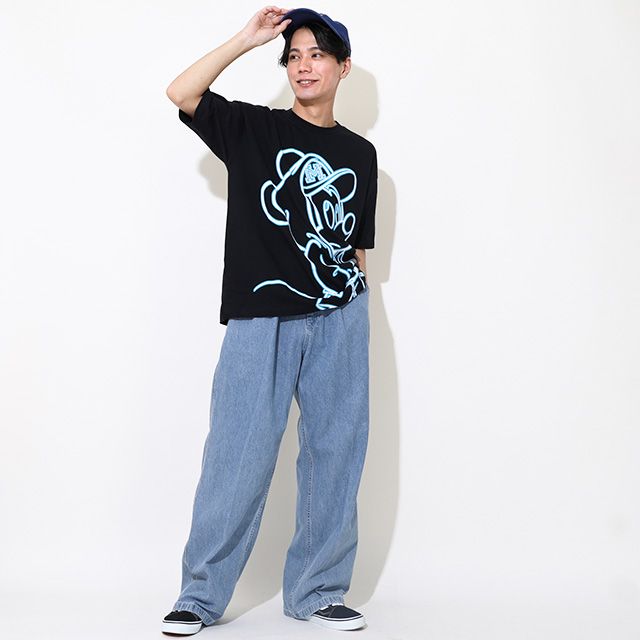 【ベビードール】ミッキー 親子お揃い ネオンキャラクターTシャツ 0322A / 大人 ユニセックス 男女兼用 リンクコーデ ペアルック 親子コーデ トップス 半袖 クルーネック カットソー 天竺素材