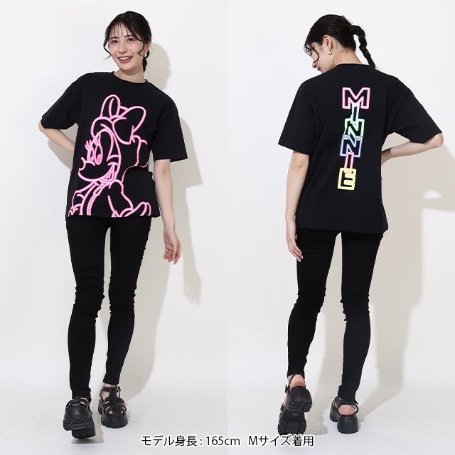 【ベビードール】ミニー 親子お揃い ネオンキャラクターTシャツ 0322A / 大人 ユニセックス 男女兼用 リンクコーデ ペアルック 親子コーデ トップス 半袖 クルーネック カットソー 天竺素材