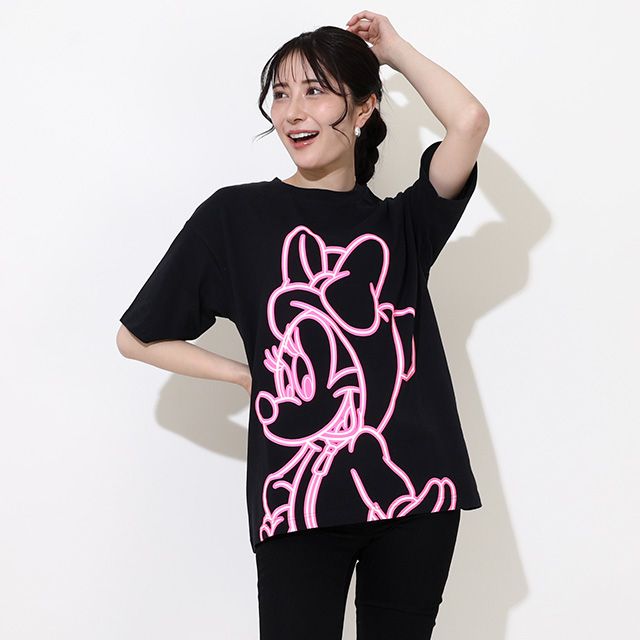 【ベビードール】ミニー 親子お揃い ネオンキャラクターTシャツ 0322A / 大人 ユニセックス 男女兼用 リンクコーデ ペアルック 親子コーデ トップス 半袖 クルーネック カットソー 天竺素材