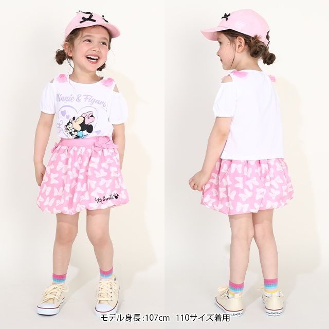 【ベビードール】ミニー フィガロ 肩リボンTシャツ 0330K / ベビーサイズ キッズ トップス 半袖 肩出し ラメプリント 天竺素材