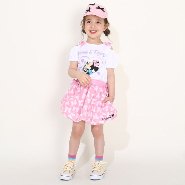 【ベビードール】ミニー フィガロ 肩リボンTシャツ 0330K / ベビーサイズ キッズ トップス 半袖 肩出し ラメプリント 天竺素材