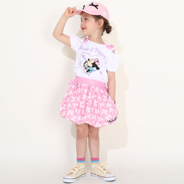 【ベビードール】ミニー フィガロ 肩リボンTシャツ 0330K / ベビーサイズ キッズ トップス 半袖 肩出し ラメプリント 天竺素材