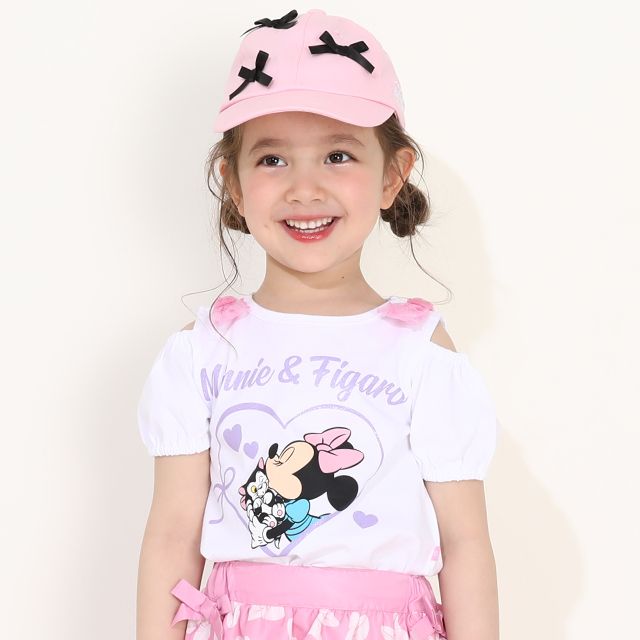 【ベビードール】ミニー フィガロ 肩リボンTシャツ 0330K / ベビーサイズ キッズ トップス 半袖 肩出し ラメプリント 天竺素材