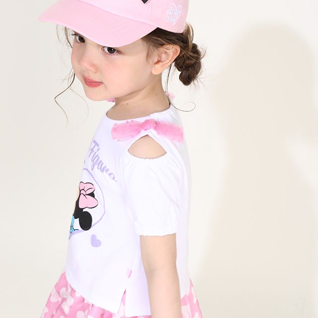 【ベビードール】ミニー フィガロ 肩リボンTシャツ 0330K / ベビーサイズ キッズ トップス 半袖 肩出し ラメプリント 天竺素材