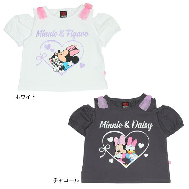 【ベビードール】ミニー デイジー 肩リボンTシャツ 0330K / ベビーサイズ キッズ トップス 半袖 肩出し ラメプリント 天竺素材
