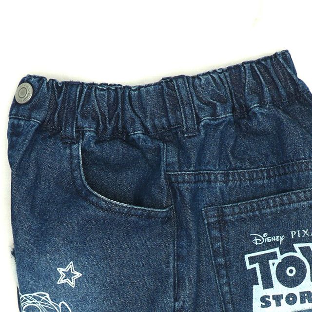 【ベビードール】トイ・ストーリー クラッシュデニムハーフパンツ 0393K / ウッディ バズ リトルグリーンメン ベビーサイズ キッズ ボトムス ショートパンツ 短パン 半ズボン ウエスト総ゴム ゴム穴付 ベルトループ ダメージ ヴィンテージ