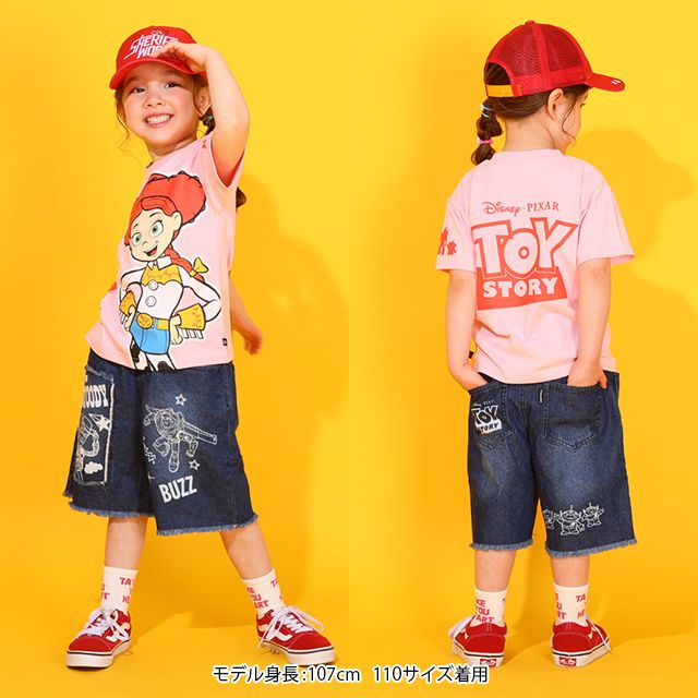 【ベビードール】トイ・ストーリー クラッシュデニムハーフパンツ 0393K / ウッディ バズ リトルグリーンメン ベビーサイズ キッズ ボトムス ショートパンツ 短パン 半ズボン ウエスト総ゴム ゴム穴付 ベルトループ ダメージ ヴィンテージ