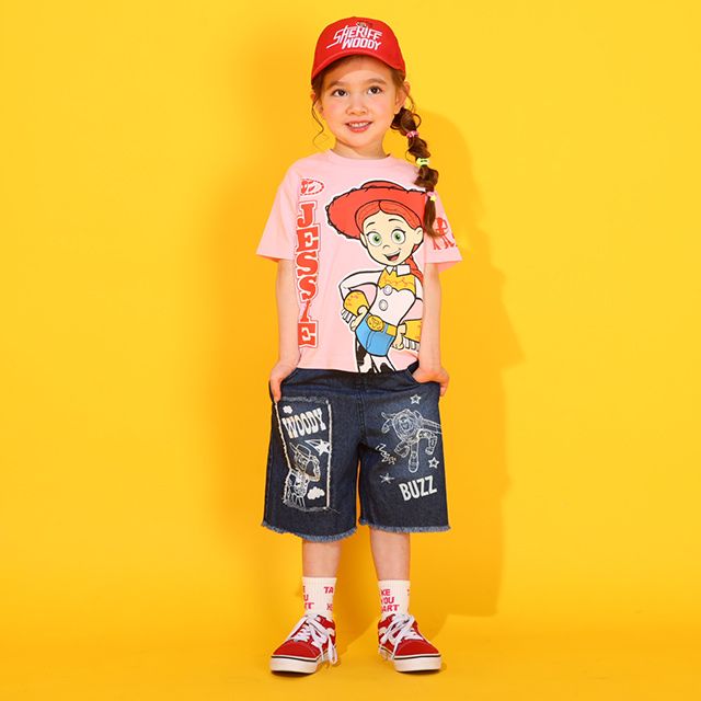 【ベビードール】トイ・ストーリー クラッシュデニムハーフパンツ 0393K / ウッディ バズ リトルグリーンメン ベビーサイズ キッズ ボトムス ショートパンツ 短パン 半ズボン ウエスト総ゴム ゴム穴付 ベルトループ ダメージ ヴィンテージ