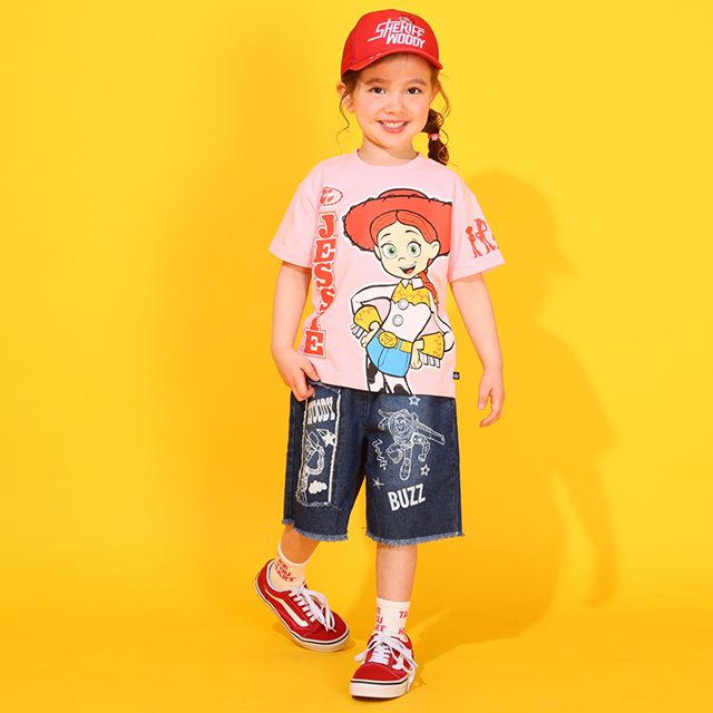 【ベビードール】トイ・ストーリー クラッシュデニムハーフパンツ 0393K / ウッディ バズ リトルグリーンメン ベビーサイズ キッズ ボトムス ショートパンツ 短パン 半ズボン ウエスト総ゴム ゴム穴付 ベルトループ ダメージ ヴィンテージ