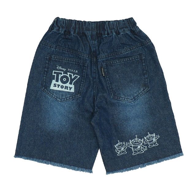 【ベビードール】トイ・ストーリー クラッシュデニムハーフパンツ 0393K / ウッディ バズ リトルグリーンメン ベビーサイズ キッズ ボトムス ショートパンツ 短パン 半ズボン ウエスト総ゴム ゴム穴付 ベルトループ ダメージ ヴィンテージ