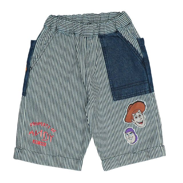 【ベビードール】トイ・ストーリー デニム切替ヒッコリーハーフパンツ 0394K / ウッディ バズ ベビーサイズ キッズ ボトムス ショートパンツ 短パン 半ズボン ウエスト総ゴム ゴム穴付