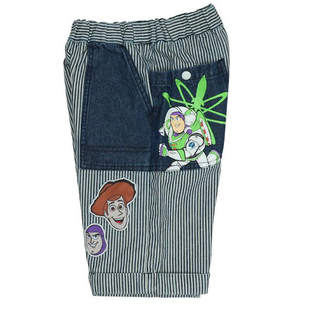 【ベビードール】トイ・ストーリー デニム切替ヒッコリーハーフパンツ 0394K / ウッディ バズ ベビーサイズ キッズ ボトムス ショートパンツ 短パン 半ズボン ウエスト総ゴム ゴム穴付