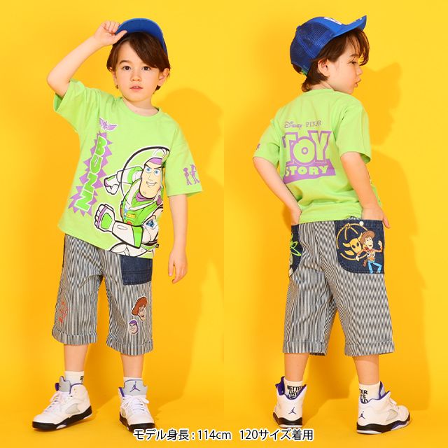 【ベビードール】トイ・ストーリー デニム切替ヒッコリーハーフパンツ 0394K / ウッディ バズ ベビーサイズ キッズ ボトムス ショートパンツ 短パン 半ズボン ウエスト総ゴム ゴム穴付