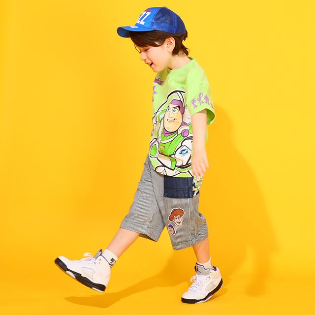 【ベビードール】トイ・ストーリー デニム切替ヒッコリーハーフパンツ 0394K / ウッディ バズ ベビーサイズ キッズ ボトムス ショートパンツ 短パン 半ズボン ウエスト総ゴム ゴム穴付