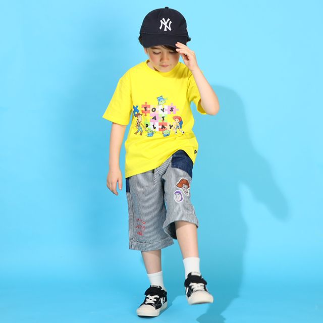 【ベビードール】トイ・ストーリー デニム切替ヒッコリーハーフパンツ 0394K / ウッディ バズ ベビーサイズ キッズ ボトムス ショートパンツ 短パン 半ズボン ウエスト総ゴム ゴム穴付