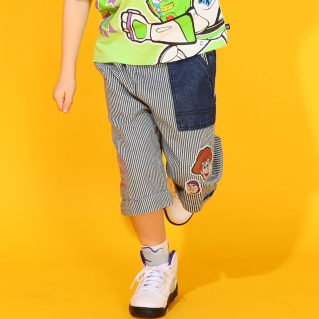 【ベビードール】トイ・ストーリー デニム切替ヒッコリーハーフパンツ 0394K / ウッディ バズ ベビーサイズ キッズ ボトムス ショートパンツ 短パン 半ズボン ウエスト総ゴム ゴム穴付