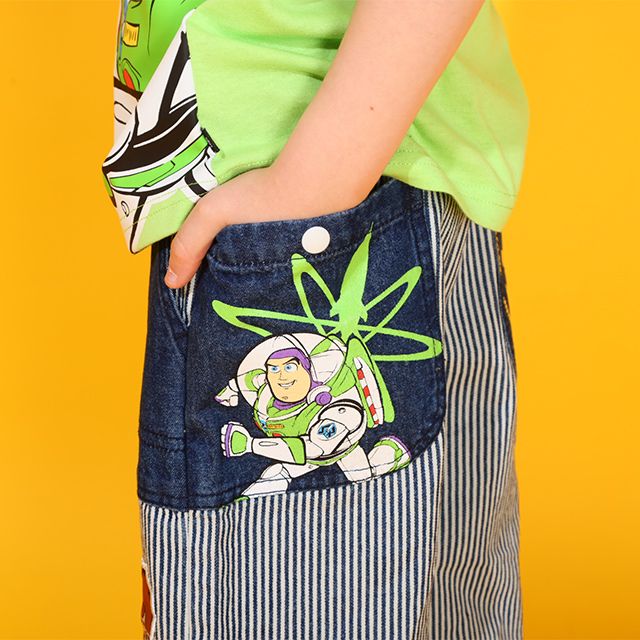 【ベビードール】トイ・ストーリー デニム切替ヒッコリーハーフパンツ 0394K / ウッディ バズ ベビーサイズ キッズ ボトムス ショートパンツ 短パン 半ズボン ウエスト総ゴム ゴム穴付