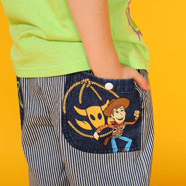 【ベビードール】トイ・ストーリー デニム切替ヒッコリーハーフパンツ 0394K / ウッディ バズ ベビーサイズ キッズ ボトムス ショートパンツ 短パン 半ズボン ウエスト総ゴム ゴム穴付