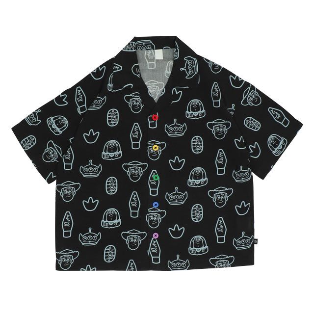 【ベビードール】親子お揃い トイ・ストーリー 総柄半袖シャツ 0399K （ボトムス別売り） / ベビーサイズ キッズ リンクコーデ ペアルック 親子コーデ トップス 羽織り 半袖 開襟 オープンカラー 配色ボタン レーヨン素材 セットアップアイテム
