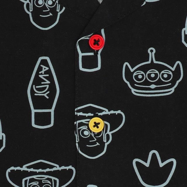 【ベビードール】親子お揃い トイ・ストーリー 総柄半袖シャツ 0399K （ボトムス別売り） / ベビーサイズ キッズ リンクコーデ ペアルック 親子コーデ トップス 羽織り 半袖 開襟 オープンカラー 配色ボタン レーヨン素材 セットアップアイテム