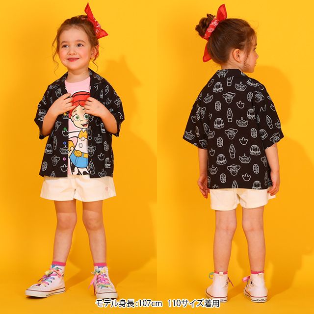 【ベビードール】親子お揃い トイ・ストーリー 総柄半袖シャツ 0399K （ボトムス別売り） / ベビーサイズ キッズ リンクコーデ ペアルック 親子コーデ トップス 羽織り 半袖 開襟 オープンカラー 配色ボタン レーヨン素材 セットアップアイテム