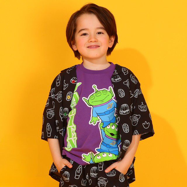 【ベビードール】親子お揃い トイ・ストーリー 総柄半袖シャツ 0399K （ボトムス別売り） / ベビーサイズ キッズ リンクコーデ ペアルック 親子コーデ トップス 羽織り 半袖 開襟 オープンカラー 配色ボタン レーヨン素材 セットアップアイテム