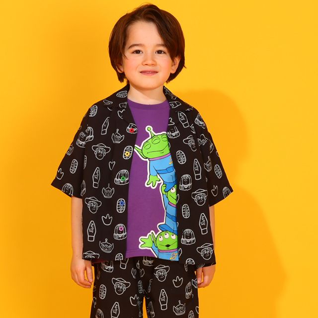 【ベビードール】親子お揃い トイ・ストーリー 総柄半袖シャツ 0399K （ボトムス別売り） / ベビーサイズ キッズ リンクコーデ ペアルック 親子コーデ トップス 羽織り 半袖 開襟 オープンカラー 配色ボタン レーヨン素材 セットアップアイテム