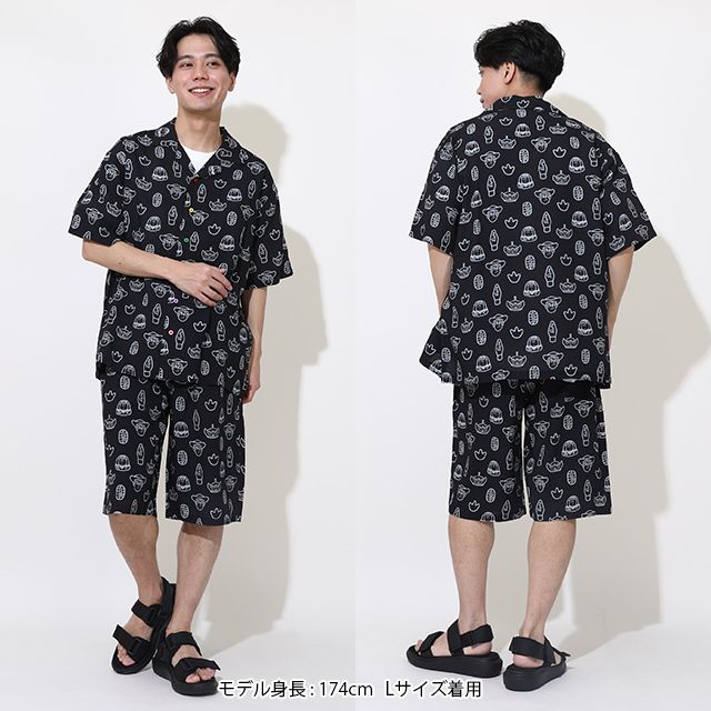 【ベビードール】親子お揃い トイ・ストーリー 総柄半袖シャツ 0399A （ボトムス別売り） / 大人 ユニセックス 男女兼用 リンクコーデ ペアルック 親子コーデ トップス 羽織り 半袖 開襟 オープンカラー 配色ボタン レーヨン素材 セットアップアイテム