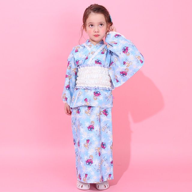 【ベビードール】アナ エルサ プリンセス / 2WAY浴衣ワンピース 0434K / 90cm-140cm キッズ セパレートタイプ 3点セット 半袖 ワンピ ロングスカート 作り帯 胸部総ゴム（ギャザー） 肩紐長さ調整可（2段階/取り外し不可）