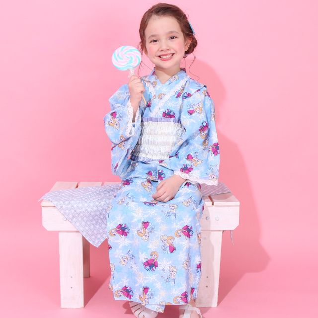 【ベビードール】アナ エルサ プリンセス / 2WAY浴衣ワンピース 0434K / 90cm-140cm キッズ セパレートタイプ 3点セット 半袖 ワンピ ロングスカート 作り帯 胸部総ゴム（ギャザー） 肩紐長さ調整可（2段階/取り外し不可）