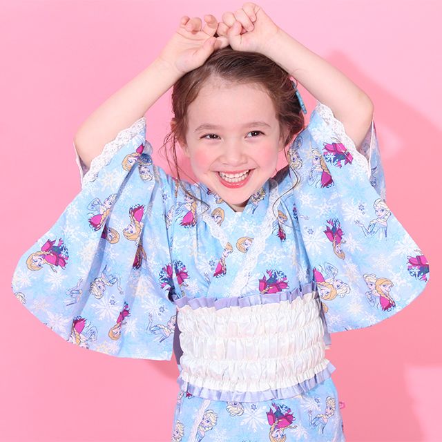 【ベビードール】アナ エルサ プリンセス / 2WAY浴衣ワンピース 0434K / 90cm-140cm キッズ セパレートタイプ 3点セット 半袖 ワンピ ロングスカート 作り帯 胸部総ゴム（ギャザー） 肩紐長さ調整可（2段階/取り外し不可）