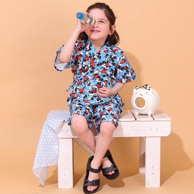 【ベビードール】ミッキー 甚平 上下2点セット 0429K / 80cm-130cm ベビーサイズ キッズ リンクコーデ ペアルック セットアップ 半袖 半ズボン ハーフパンツ ウエスト総ゴム ゴム穴付