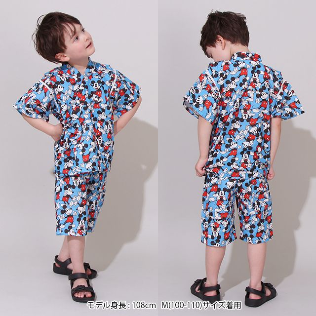 【ベビードール】ミッキー 甚平 上下2点セット 0429K / 80cm-130cm ベビーサイズ キッズ リンクコーデ ペアルック セットアップ 半袖 半ズボン ハーフパンツ ウエスト総ゴム ゴム穴付