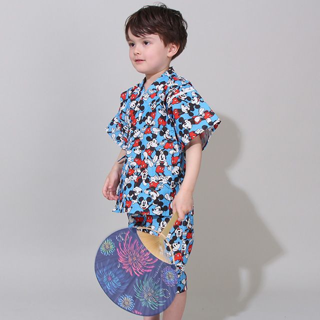 【ベビードール】ミッキー 甚平 上下2点セット 0429K / 80cm-130cm ベビーサイズ キッズ リンクコーデ ペアルック セットアップ 半袖 半ズボン ハーフパンツ ウエスト総ゴム ゴム穴付