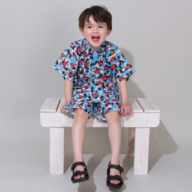 【ベビードール】ミッキー 甚平 上下2点セット 0429K / 80cm-130cm ベビーサイズ キッズ リンクコーデ ペアルック セットアップ 半袖 半ズボン ハーフパンツ ウエスト総ゴム ゴム穴付