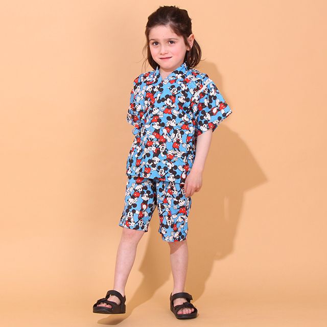 【ベビードール】ミッキー 甚平 上下2点セット 0429K / 80cm-130cm ベビーサイズ キッズ リンクコーデ ペアルック セットアップ 半袖 半ズボン ハーフパンツ ウエスト総ゴム ゴム穴付