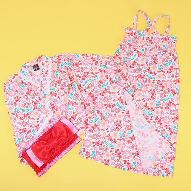 【ベビードール】ミニー 2WAY浴衣ワンピース 0431K / 90cm-140cm キッズ セパレートタイプ 3点セット 半袖 ワンピ ロングスカート 作り帯 胸部総ゴム（ギャザー） 肩紐長さ調整可（2段階/取り外し不可）