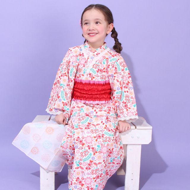 【ベビードール】ミニー 2WAY浴衣ワンピース 0431K / 90cm-140cm キッズ セパレートタイプ 3点セット 半袖 ワンピ ロングスカート 作り帯 胸部総ゴム（ギャザー） 肩紐長さ調整可（2段階/取り外し不可）