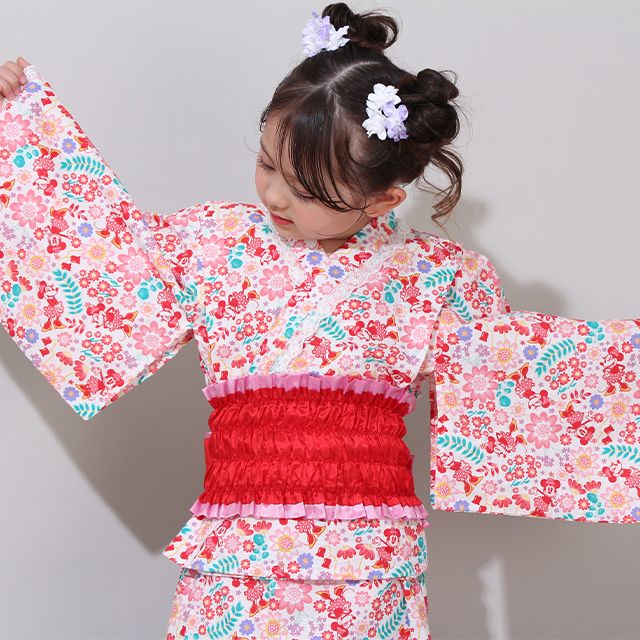 【ベビードール】ミニー 2WAY浴衣ワンピース 0431K / 90cm-140cm キッズ セパレートタイプ 3点セット 半袖 ワンピ ロングスカート 作り帯 胸部総ゴム（ギャザー） 肩紐長さ調整可（2段階/取り外し不可）