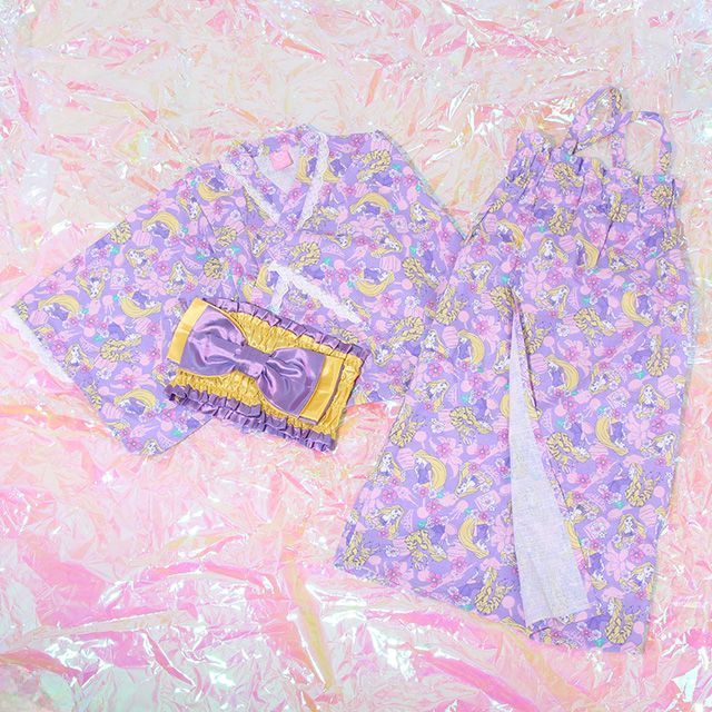 【ベビードール】ラプンツェル プリンセス / 2WAY浴衣ワンピース 0434K / 90cm-140cm キッズ セパレートタイプ 3点セット 半袖 ワンピ ロングスカート 作り帯 胸部総ゴム（ギャザー） 肩紐長さ調整可（2段階/取り外し不可）